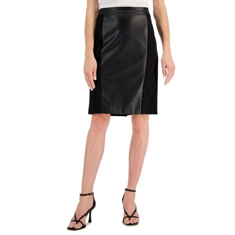 NWT Kasper | Black Faux Leather Front Panel Stretch Pencil Skirt